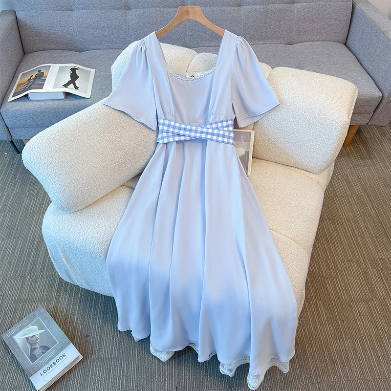 【66941】130-350斤大码女装胖mm法式收腰设计感方领连衣裙夏季新款