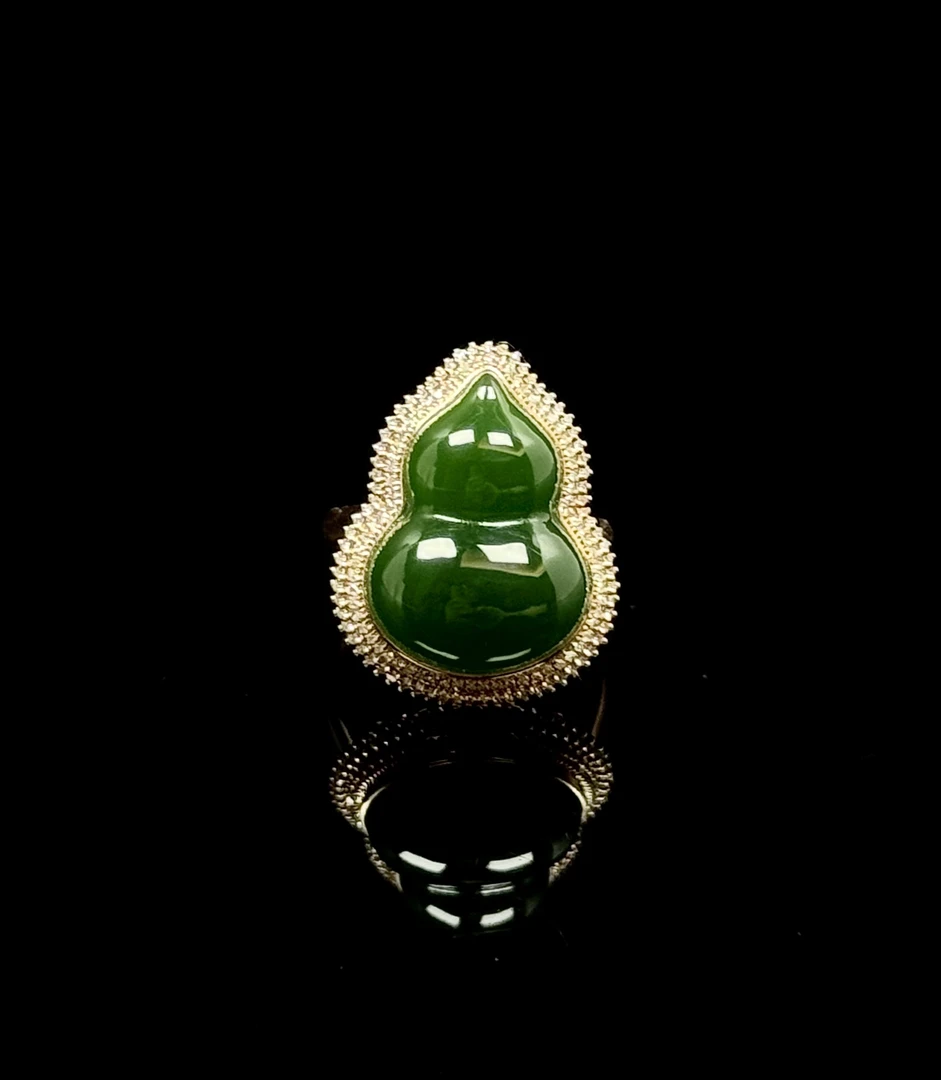 典藏级 和田玉 菠菜绿 戒指14.5mm（圈口） 24*19*10.2mm（葫芦）