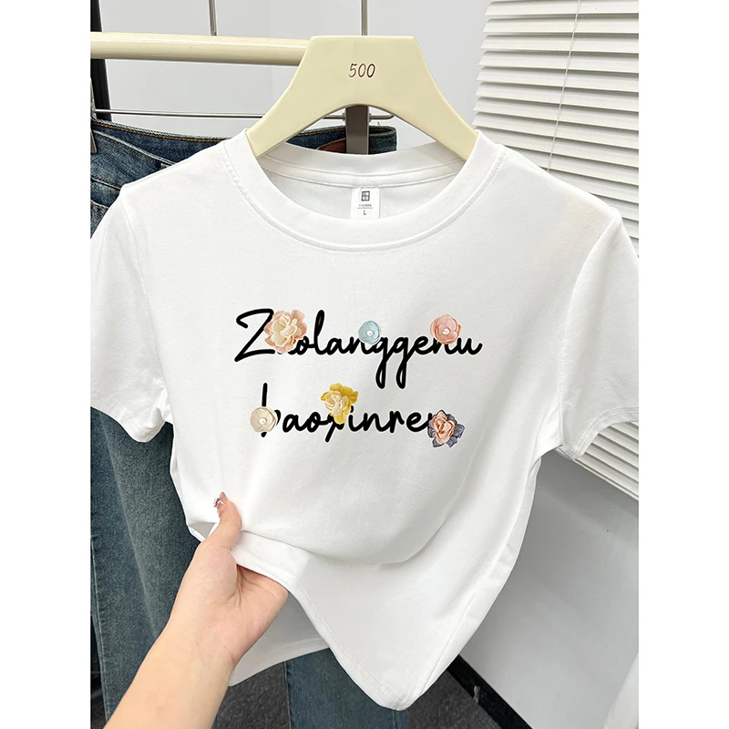 2025新款正肩短袖t恤女装韩版设计感字母花朵印花圆领显瘦上衣ins