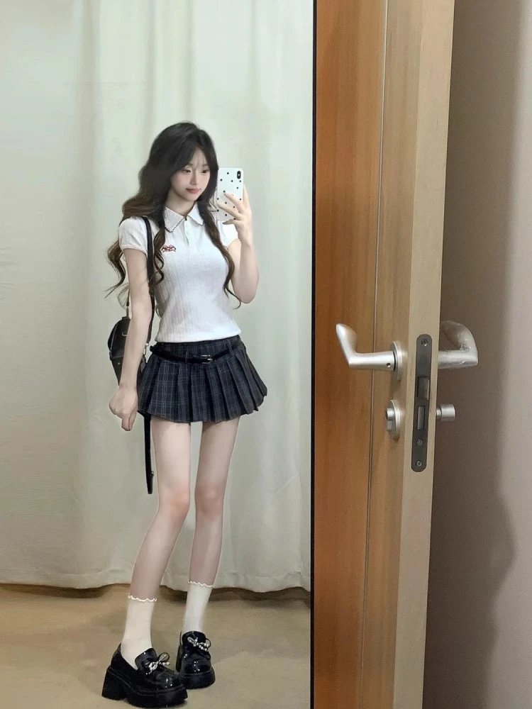 学院风复古韩系格纹低腰百褶短裙半身裙女春夏新款A字裙