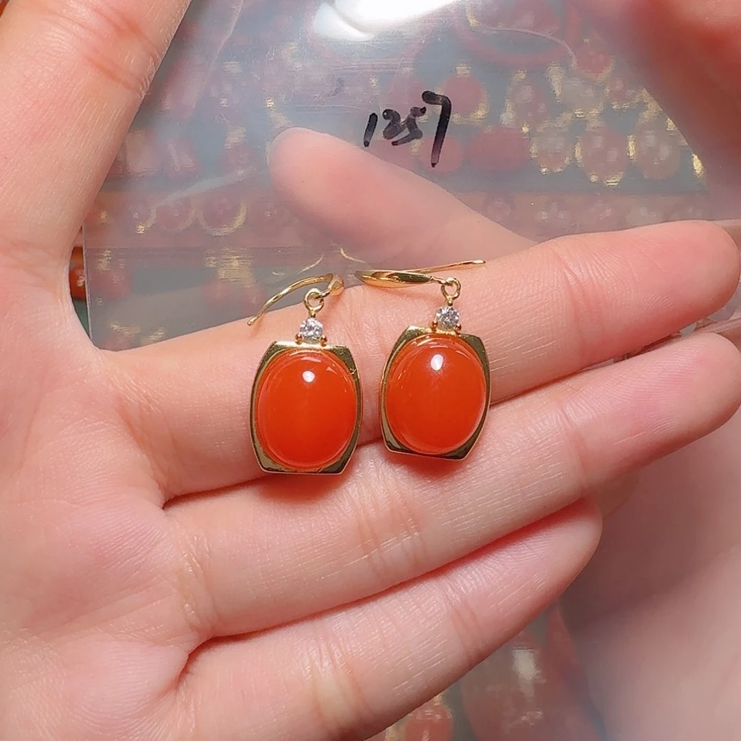 南红玛瑙银S925镶嵌耳饰