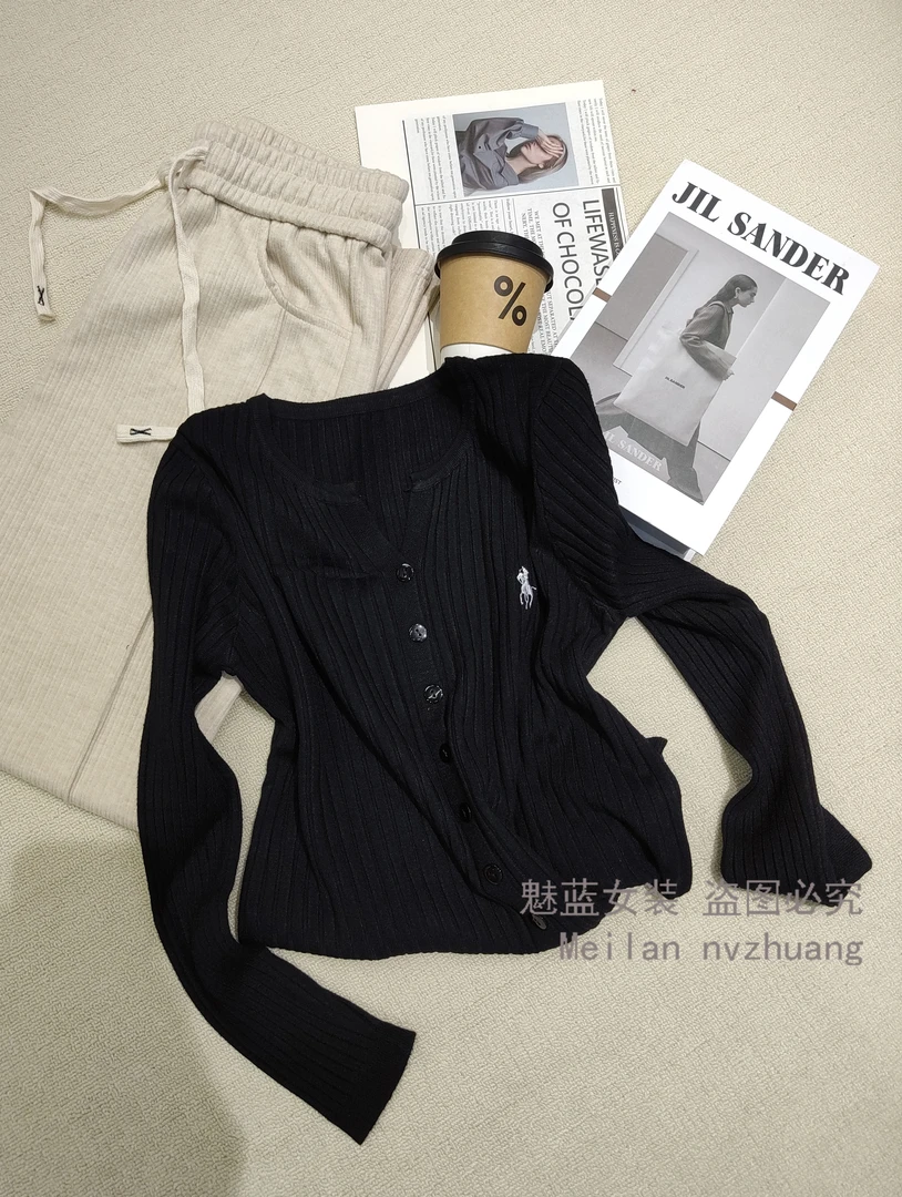 原搭春季2025新款小V领宽松百搭毛衣刺绣针织开衫上衣女XX0808#