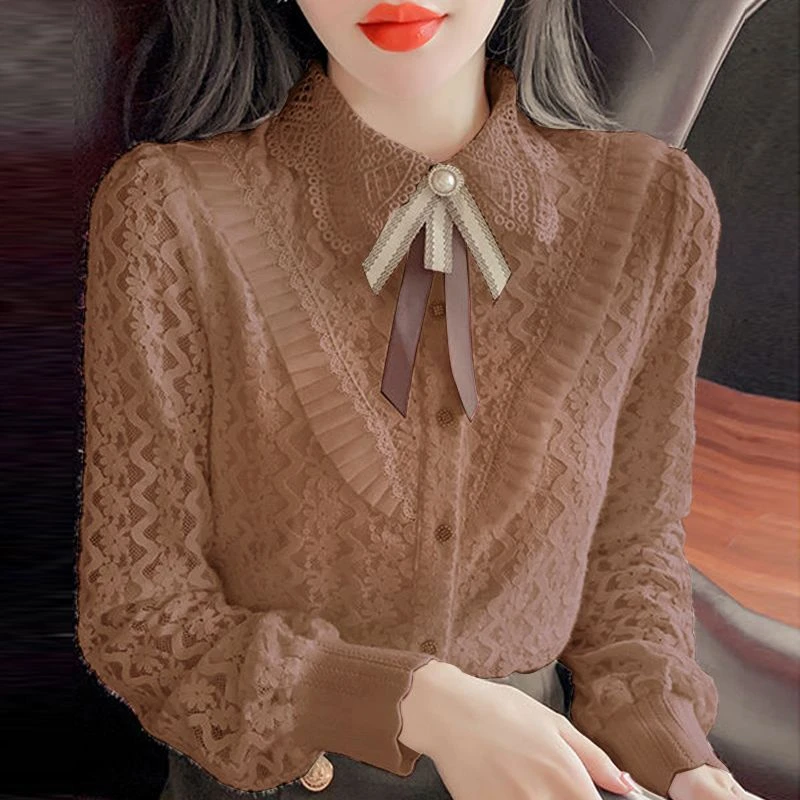 打底衫女秋冬新款时尚高档宽松蕾丝衬衫洋气百搭上衣减龄衬衣