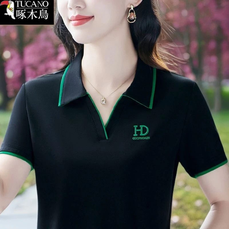 啄木鸟新款翻领设计感短袖T恤2025年夏季薄款刺绣洋气减龄上衣女