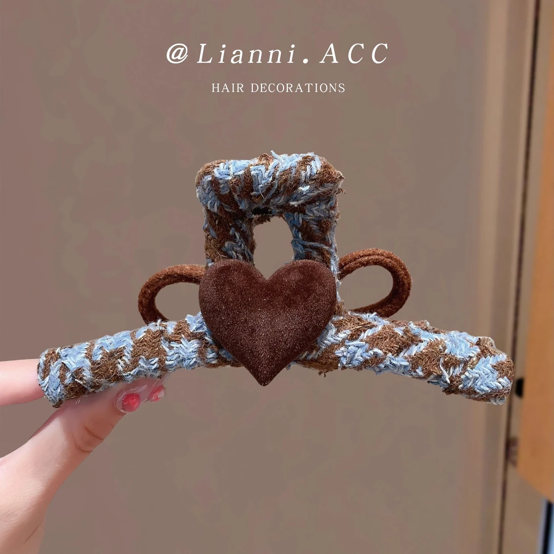 韩国东大门撞色针织大抓夹丝绒爱心甜美减龄发卡学院风盘发鲨鱼夹