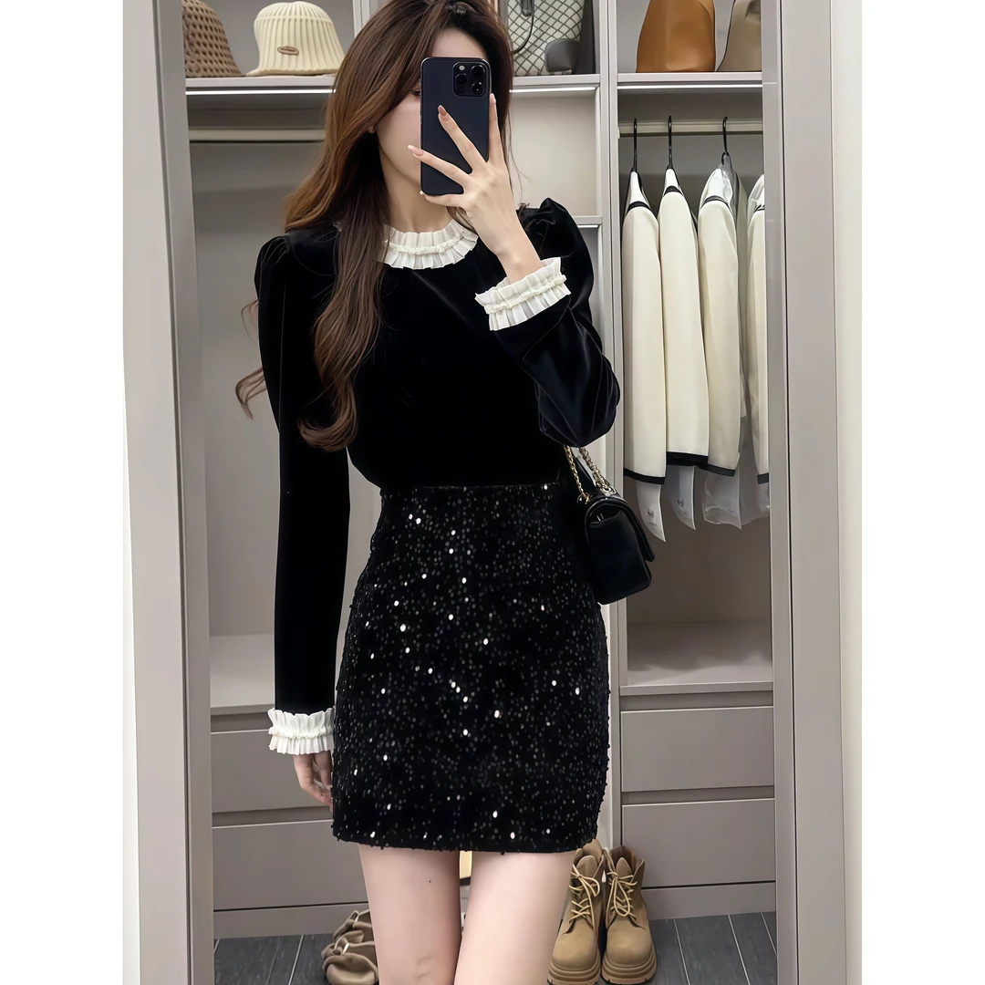 今年流行绝美小香风套装女早秋新款丝绒长袖上衣高腰亮片裙两件套