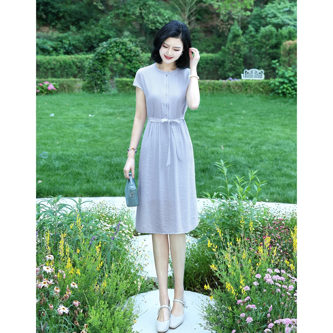 枫竺女装阿楠anan圆领单排扣欧根纱提花肌理感纯色简约夏季连衣裙