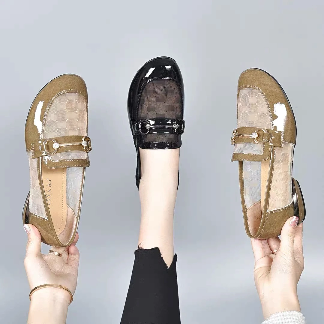 新款夏季真皮网纱乐福鞋女百搭软面圆头平底鞋粗跟豆豆鞋网面单鞋