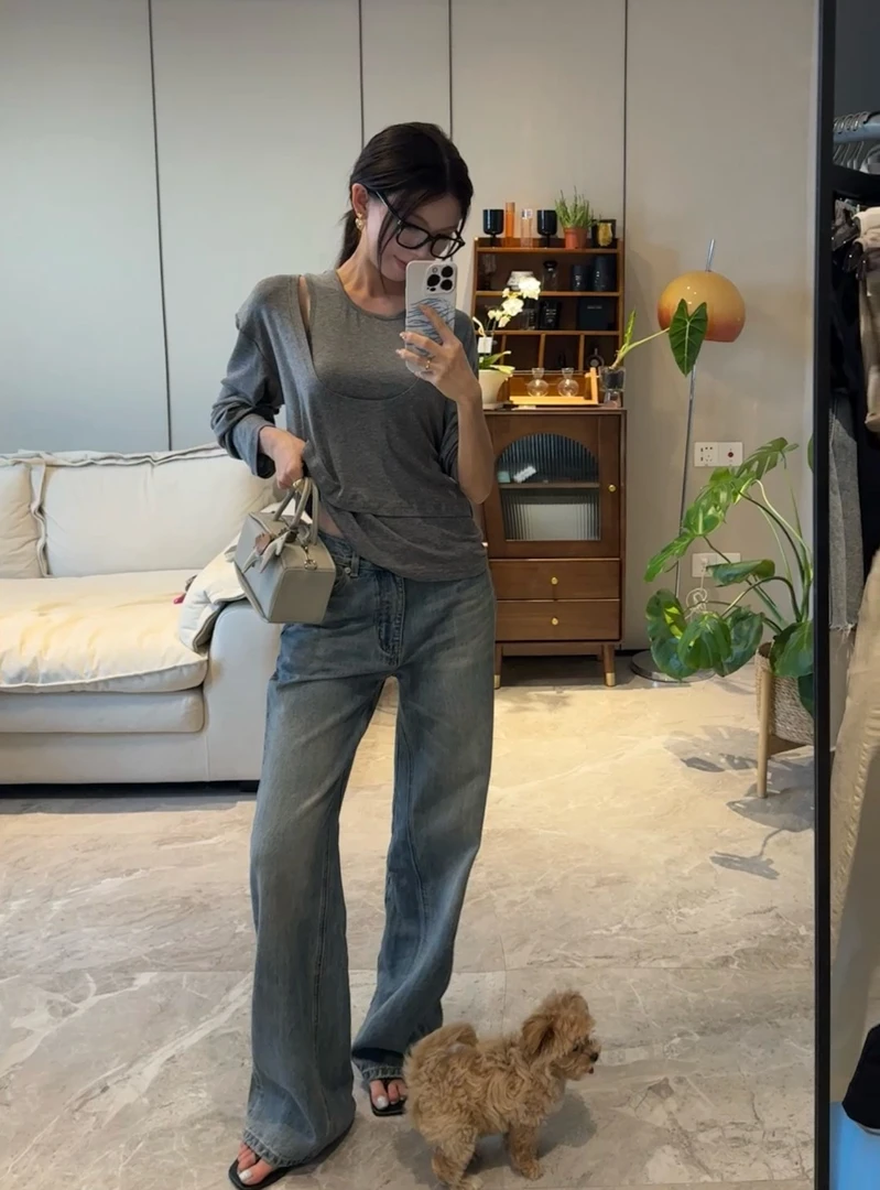 R-HER【流光】夏季新款蓝色显瘦宽松阔腿时尚百搭高腰休闲牛仔裤