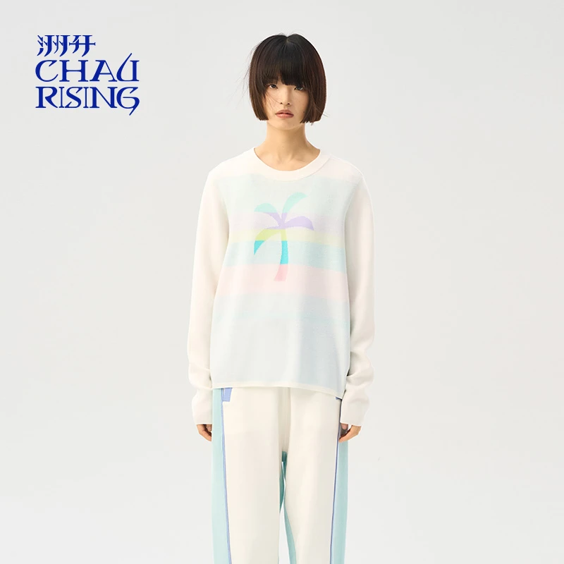 洲升/CHAURISING椰子树宽松扎染羊毛打底衫24021032长袖休闲撞色