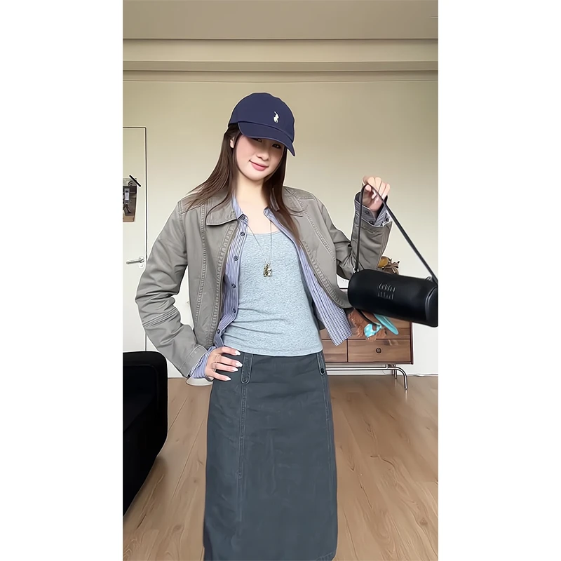 2025新款女士早秋季美式复古夹克外套内搭格子衬衫高腰显瘦半身裙