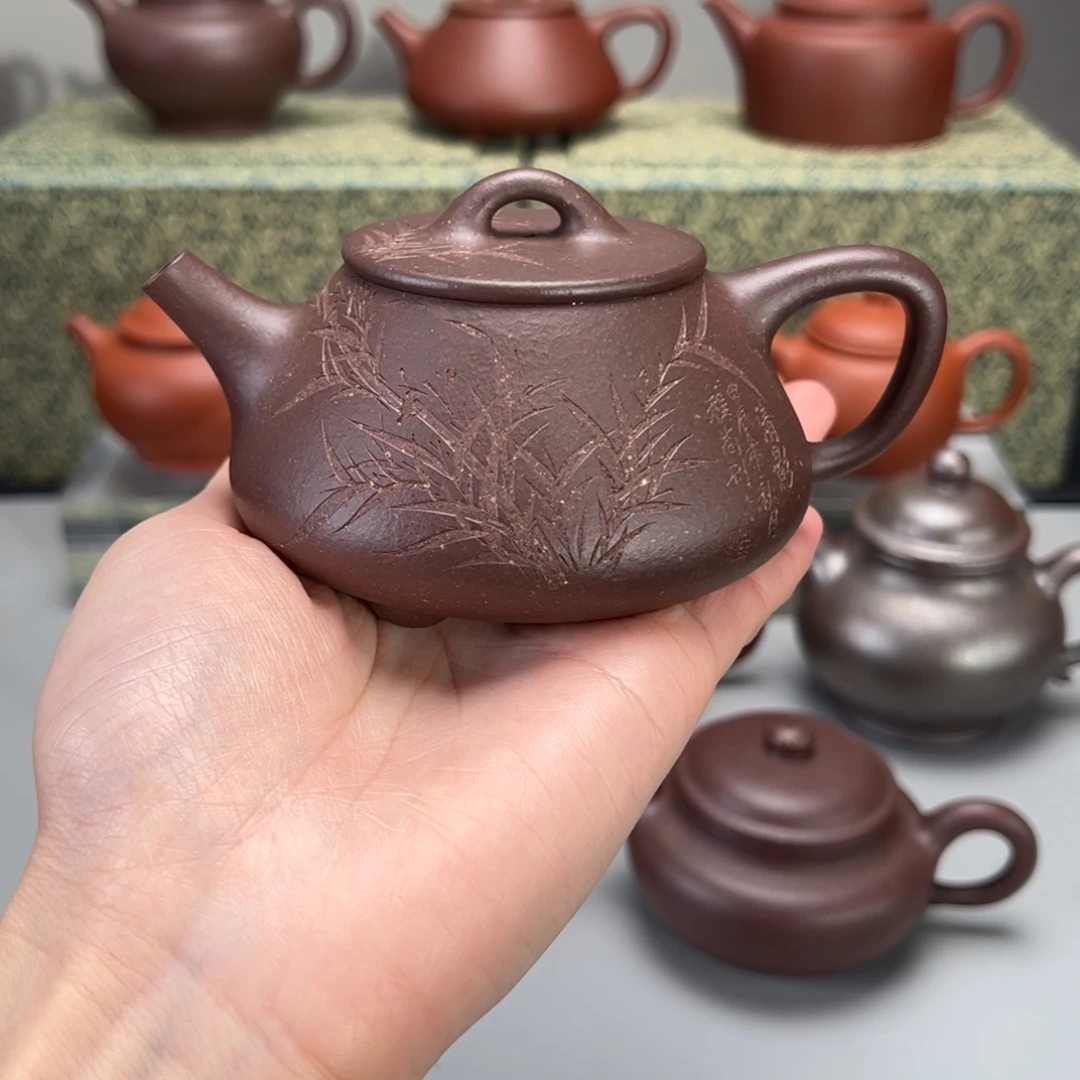 紫砂茶壶平盖石瓢刻绘竹200c c