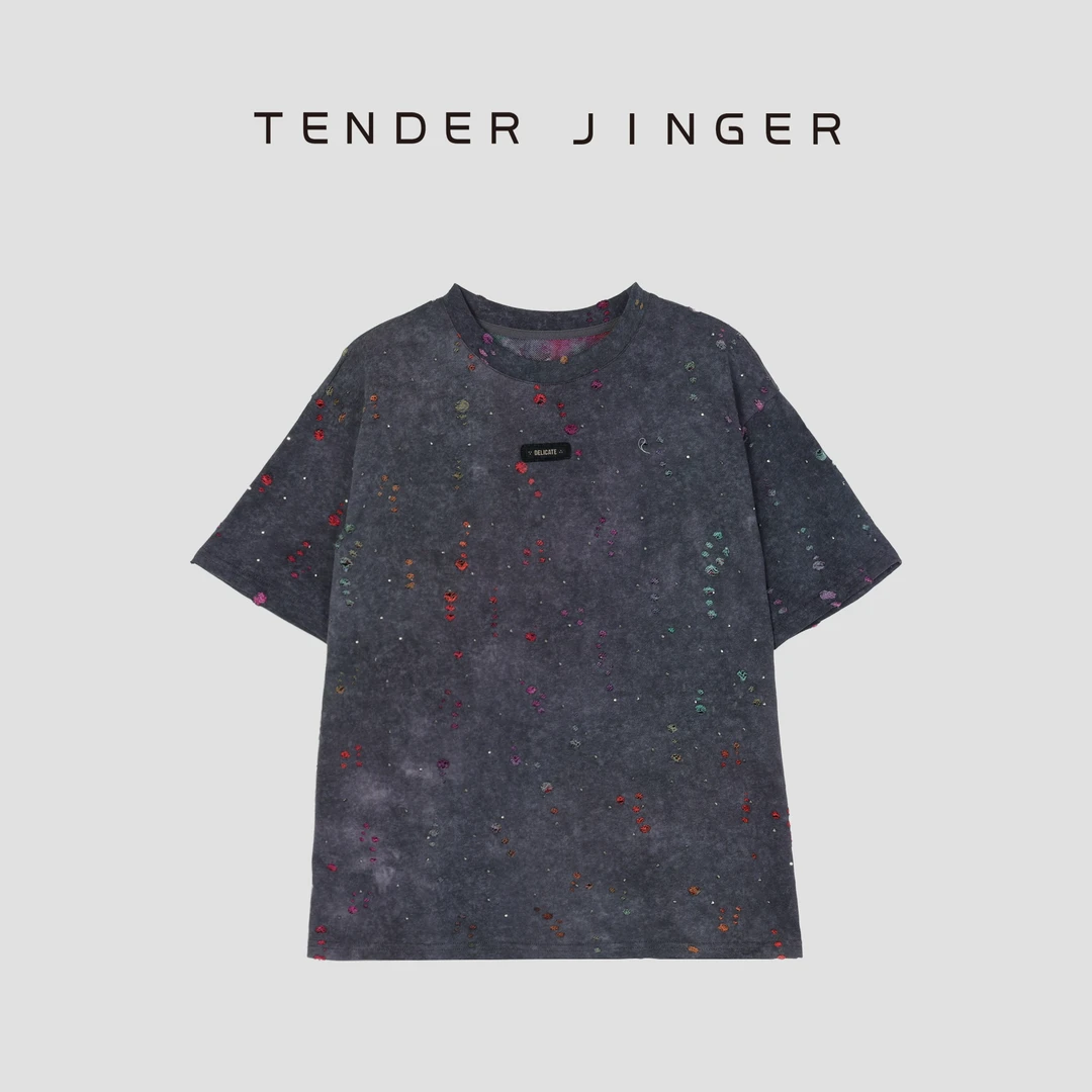 Tender Jinger宽松设计款做旧镶珠短袖T恤T52SZS80157