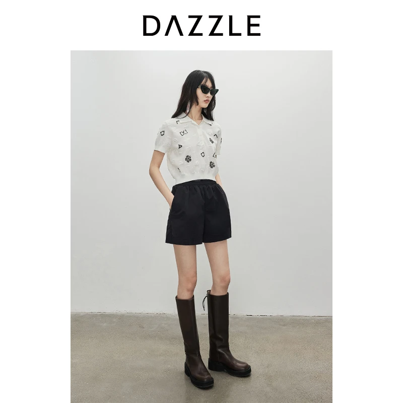 DAZZLE地素 休闲裤24夏季新款女装黑色复古拼接松紧腰短裤2I2Q136