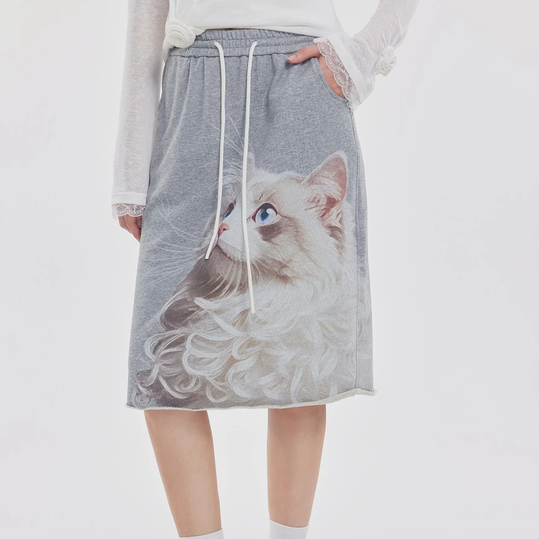 OoofYang 立体猫半裙中长款秋季卫衣裙松紧腰后开叉a字裙