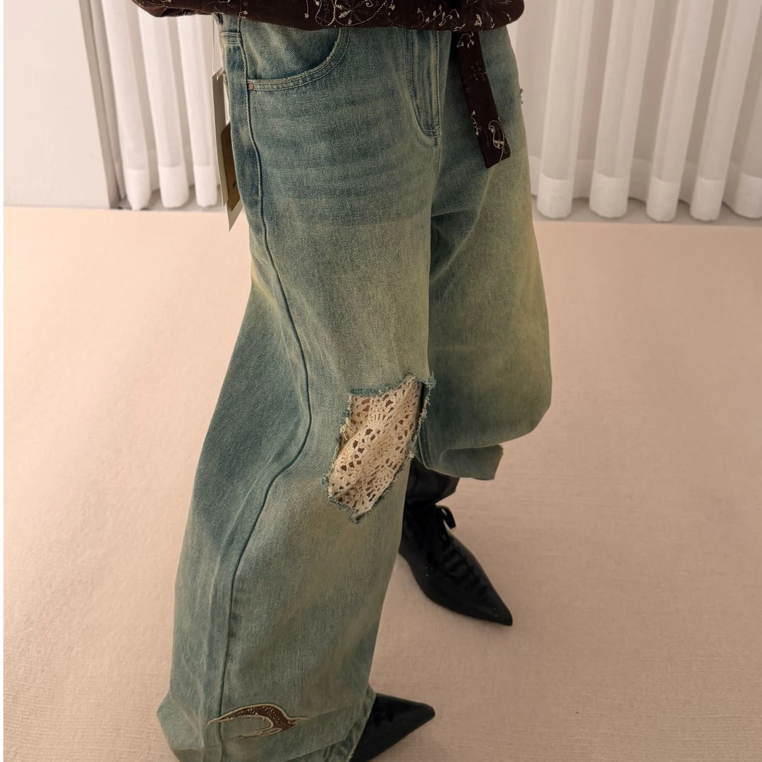 GRAMA GRASS 项小七 设计师品牌26早春新品款钩花破洞脏脏牛仔裤