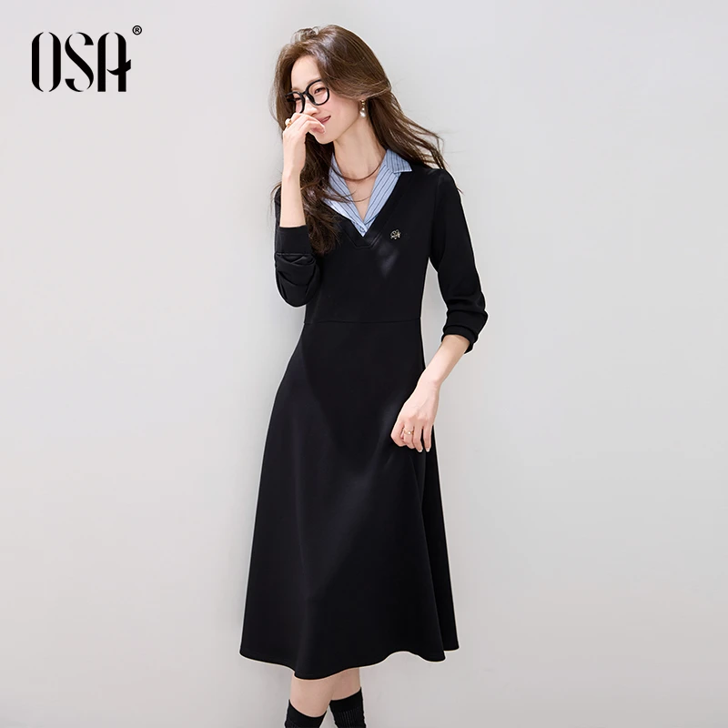 OSA假两件翻领长袖连衣裙女2025秋高智风收腰显瘦长裙S125C13008