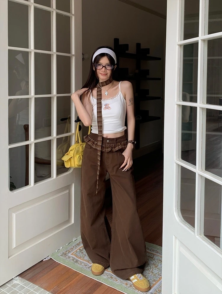 咖色芭蕾风格子花边直筒休闲裤女宽松休闲高级感阔腿裤子