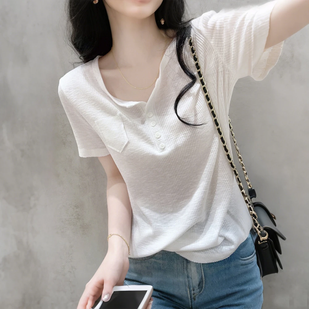 白色修身v领螺纹短袖T恤女夏季新款竹节棉弧形下摆小众设计感上衣