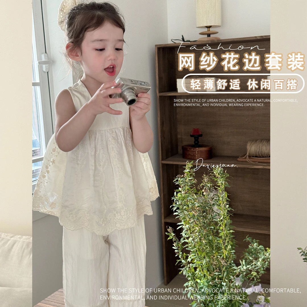 现货【大小卷】夏季女童蕾丝碎花边两件套-32670