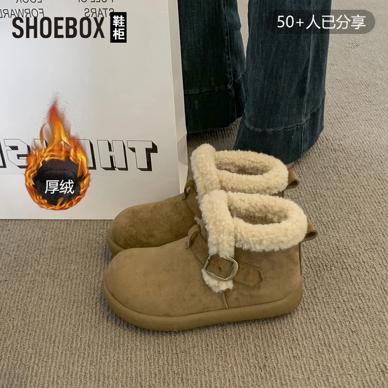 SHOEBOX鞋柜雪地靴女冬季2025新款复古加绒棉鞋丑萌毛毛棉短靴