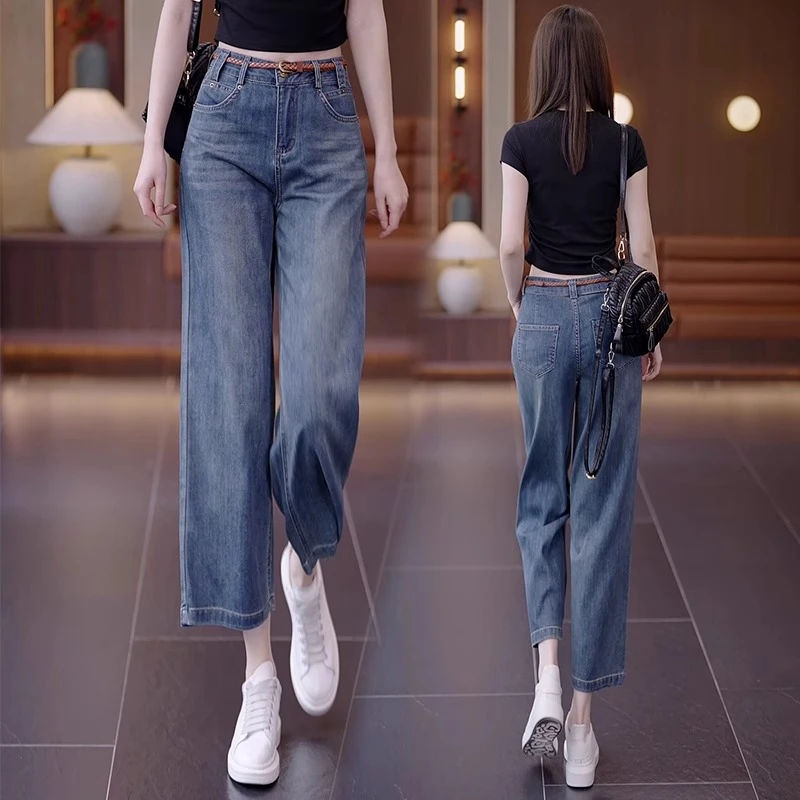 La babite 阔腿牛仔裤夏季薄款2025新款高腰小个子八分窄版直筒裤