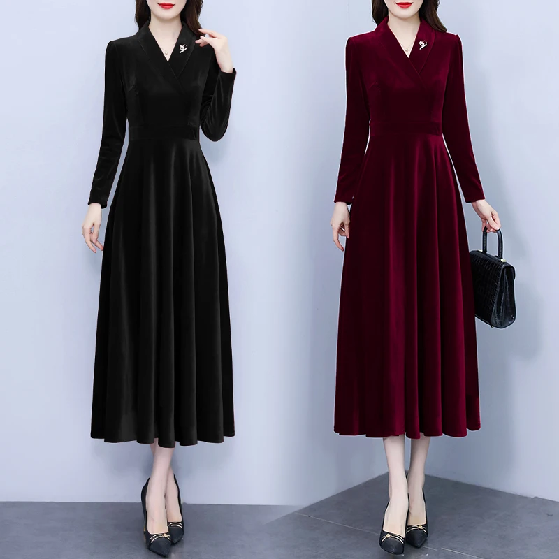 高端名媛酒红色长裙2025春喜婆婆礼服显瘦长袖丝绒连衣裙女