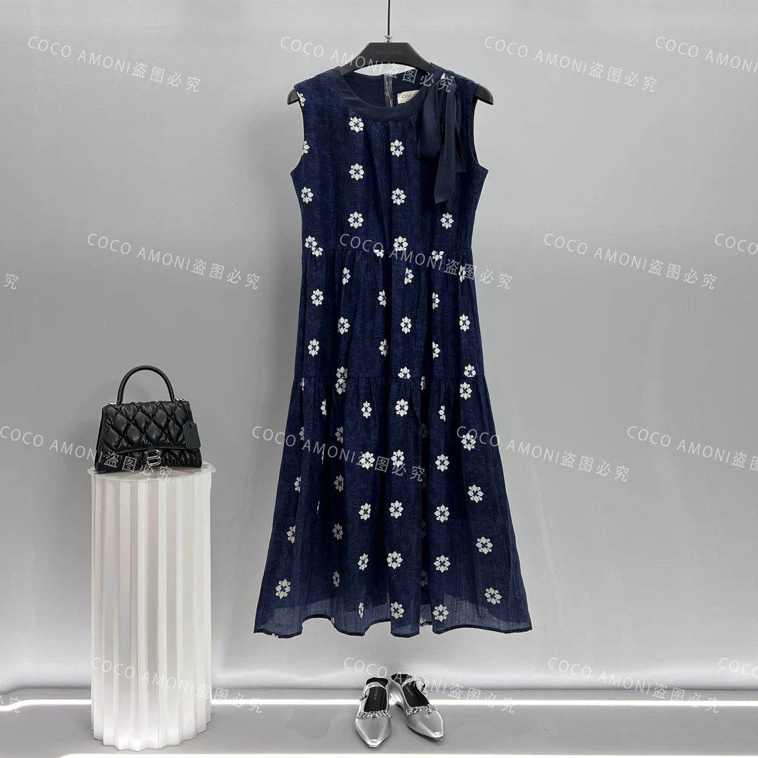 时尚设计师原创夏日女装拼接重工碎花显瘦气质连衣裙WX1053