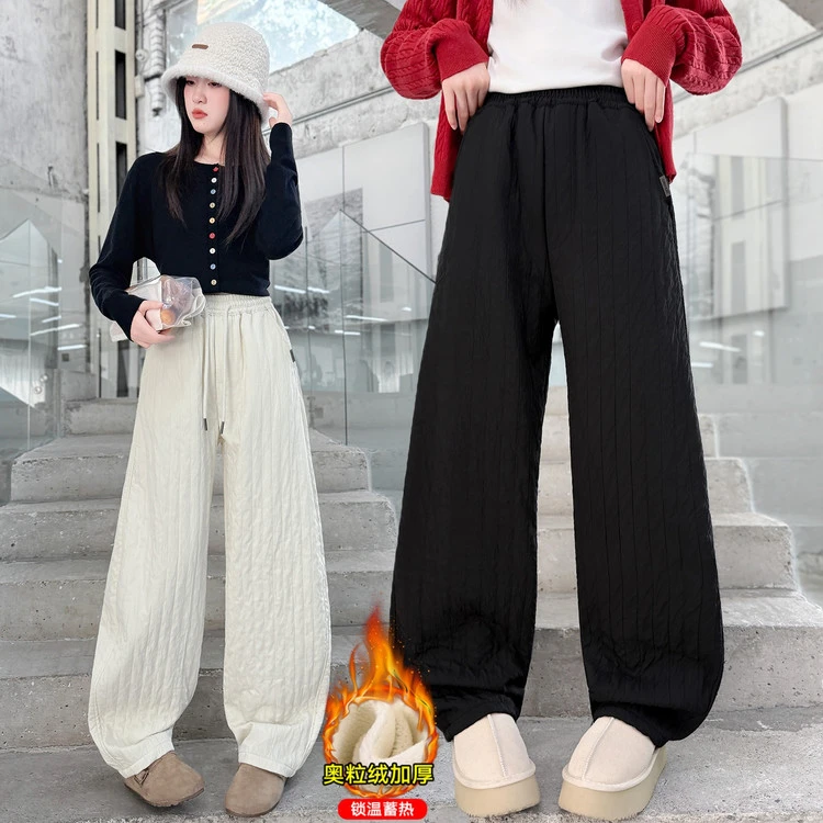 女童加绒加厚休闲裤子秋冬装新款儿童一体绒宽松阔腿裤大童弯刀裤