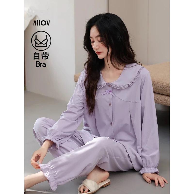 睡衣女款25新款纯棉长袖高级感带胸垫公主风家居服套装全棉春秋款