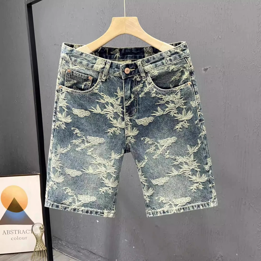 潮牌复古半截裤潮牌提花牛仔短裤男士时尚五分裤夏季韩版修身马裤