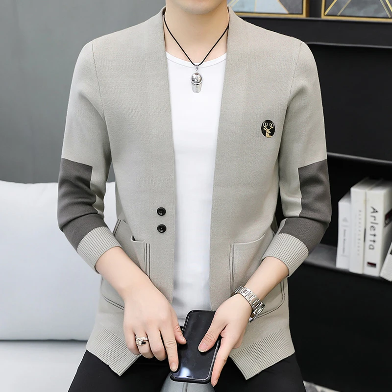 佩库普伦春秋季新款针织开衫男士无领薄款毛衣外套男装修身休闲款