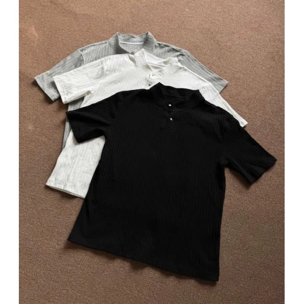 【逗逗】美式亨利领针织t恤夏季老钱风立领短袖高级感痞帅7201