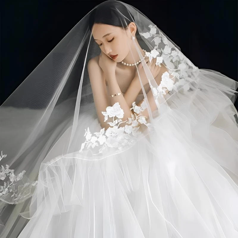 荷叶边牡丹刺绣头纱新款打褶韩式结婚纱外景影楼摄影拍照新娘头饰