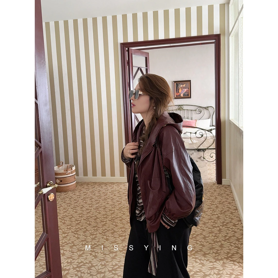 应小姐【第五街区】微胖大码女装显瘦初秋宽松休闲百搭气质连帽皮衣