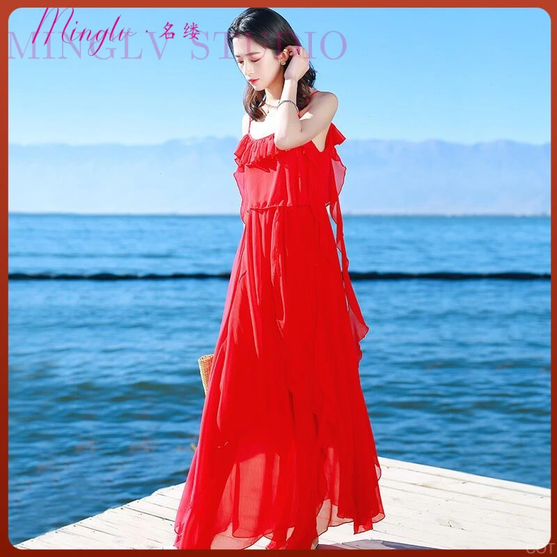 时尚轻奢红色吊带裙高端沙滩裙女夏季雪纺连衣裙设计感超仙裙