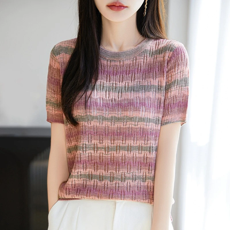 法式撞色条纹镂空短袖针织T恤女2025夏款设计感小众圆领显瘦上衣