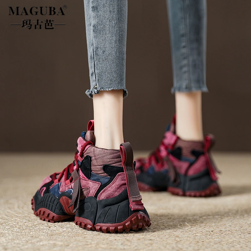 玛古芭秋季新款欧洲站紫色高帮老爹鞋女女鞋厚底拼色运动休闲鞋