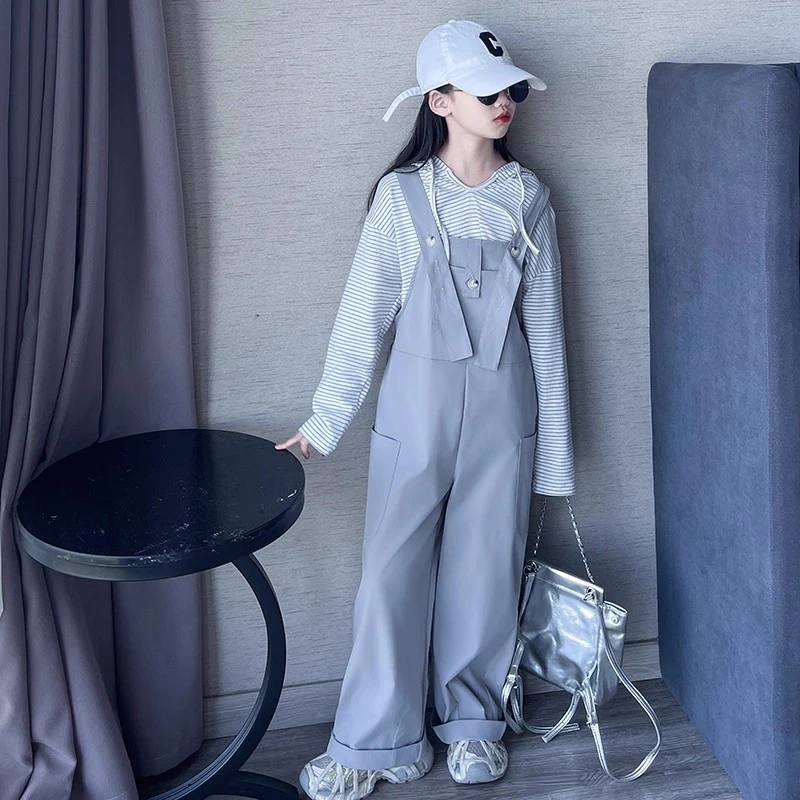 女童2025春秋装新款盐系穿搭韩版休闲条纹上衣背带裤两件套装潮酷