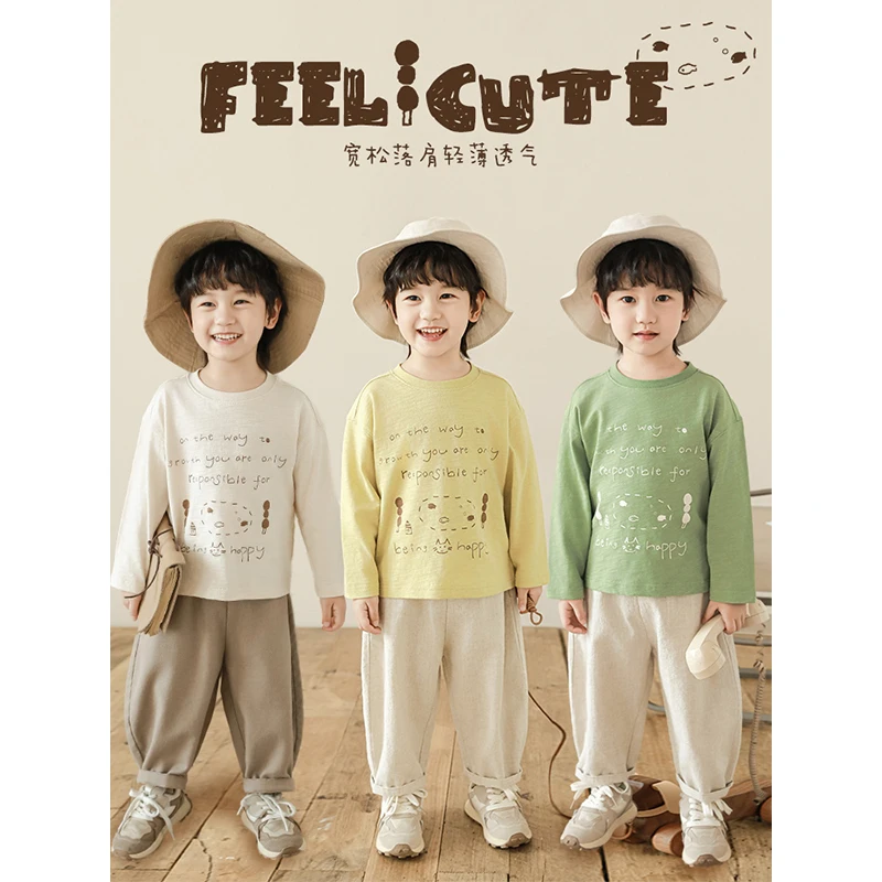 YOEHYAUL/幼悠春叁波【文艺字母印花】亲肤竹节棉森系落肩T恤N5720