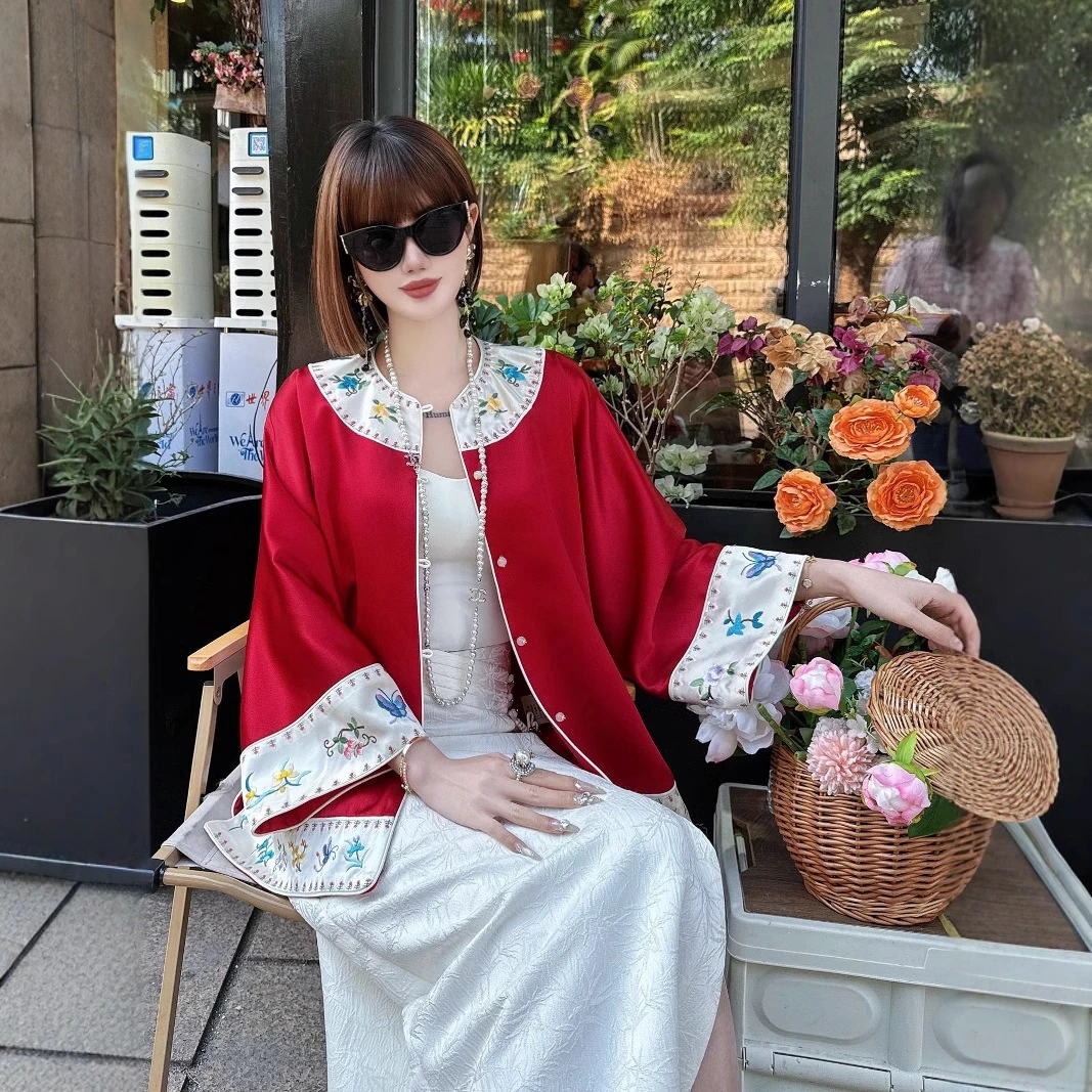 2025年春夏新款老钱风刺绣醋酸新中式国风古董清汉女太太服上衣红