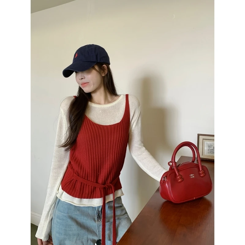 乌77早秋慵懒风叠穿两件套女绑带针织背心松弛感显瘦圆领针织上衣