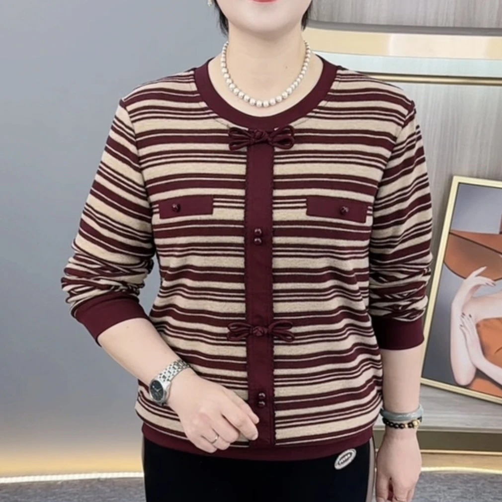 秋冬新款时尚圆领条纹蝴蝶结洋气妈妈装加厚保暖显瘦打底衫H9922