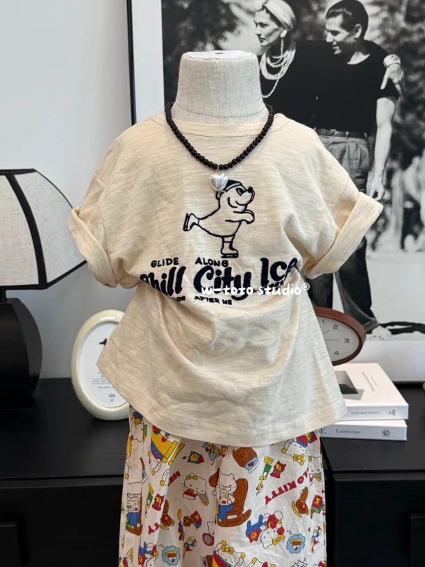 【现货】滑冰小熊｜韩版男女童字母印花短袖新款洋气时髦百搭简约