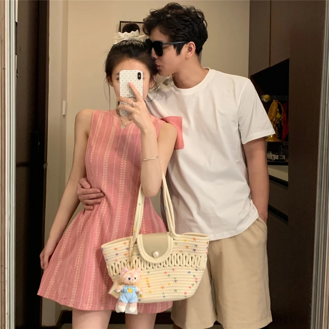 夏日情侣装2025新款粉色无袖连衣裙甜美高级感收腰背心裙短袖上衣