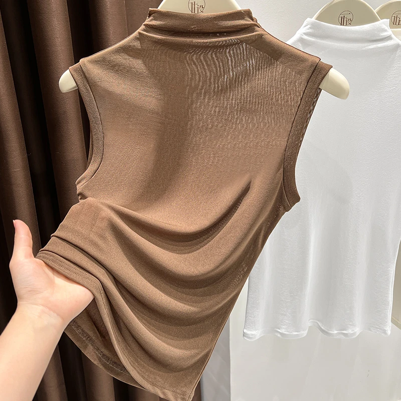 修身显瘦薄款气质亲肤打底衫2025秋季新款高领无袖网纱内搭上衣
