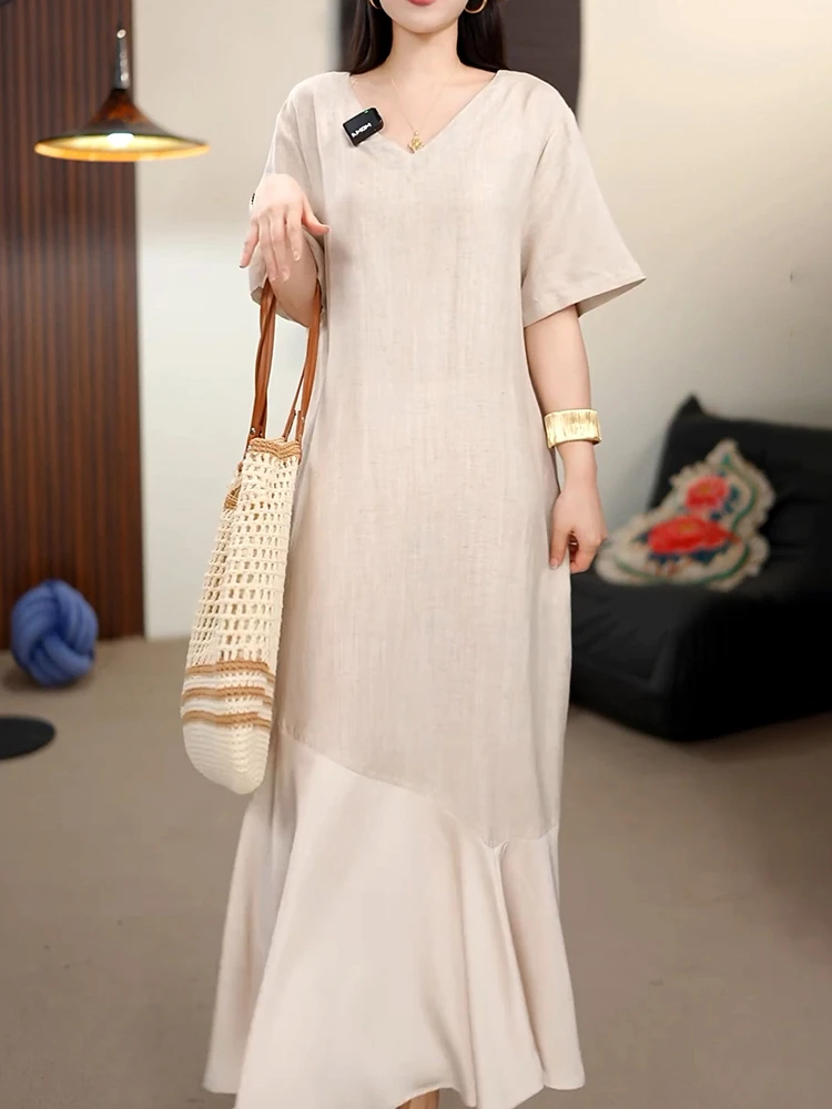 慵懒休闲风通勤时尚连衣裙2025夏季新款贵夫人气质宽松遮肉中长裙
