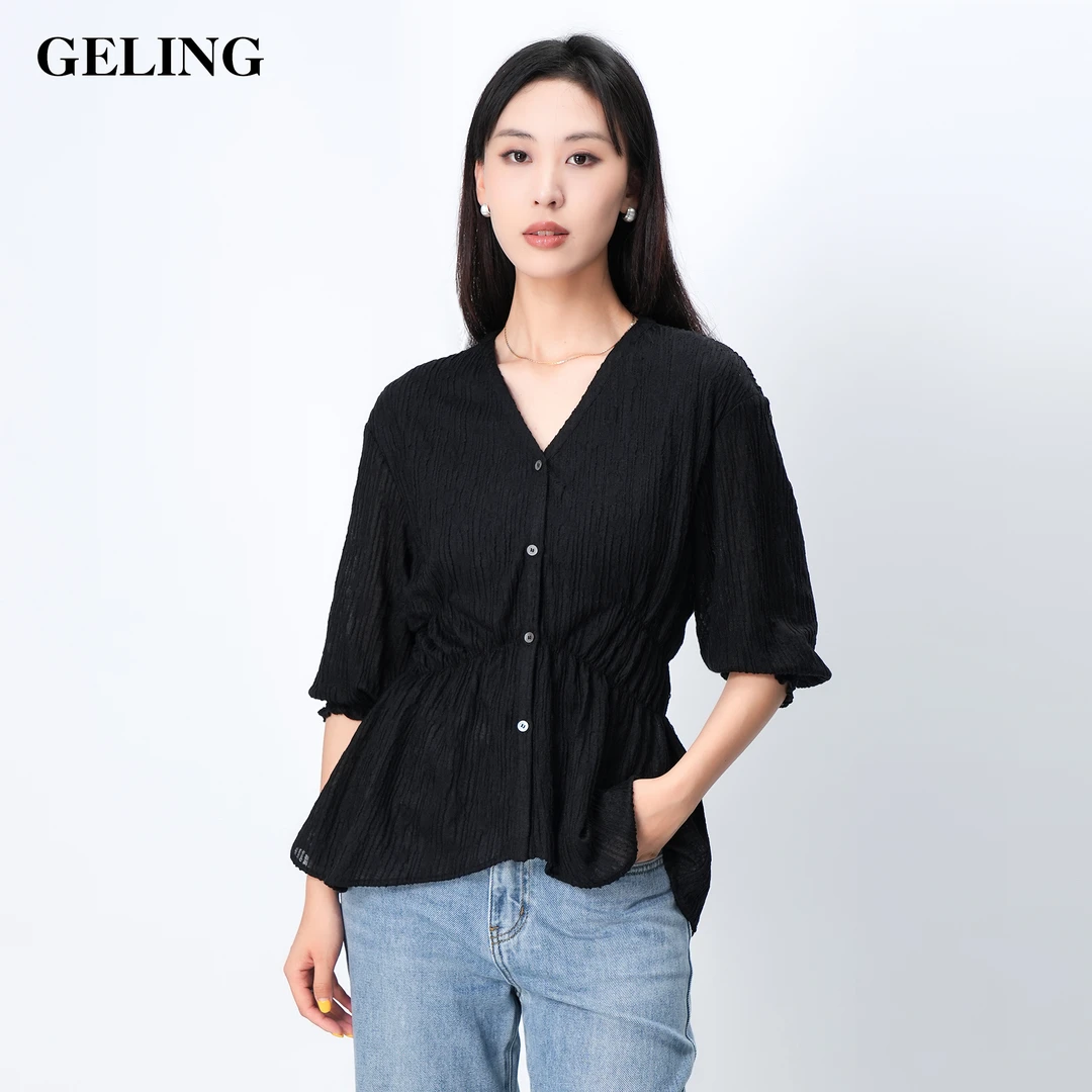 GELING/歌&玲夏季设计感羊毛提花oversizeV领收腰衬衣G503X267Y