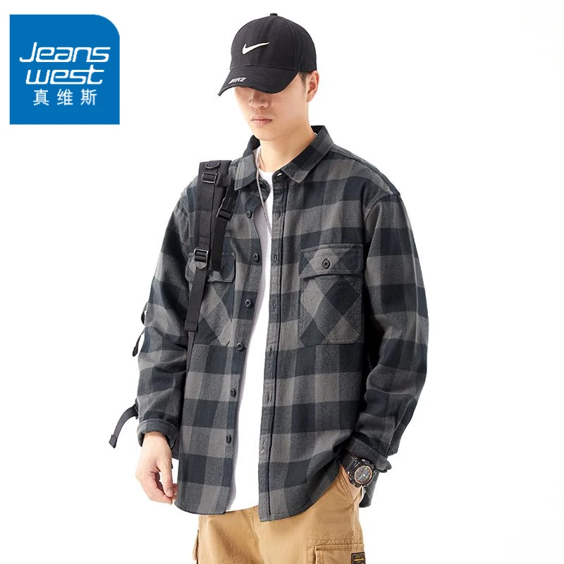 真维斯日系复古格子撞色男士长袖衬衫宽松春秋冬潮流休闲衬衣外套
