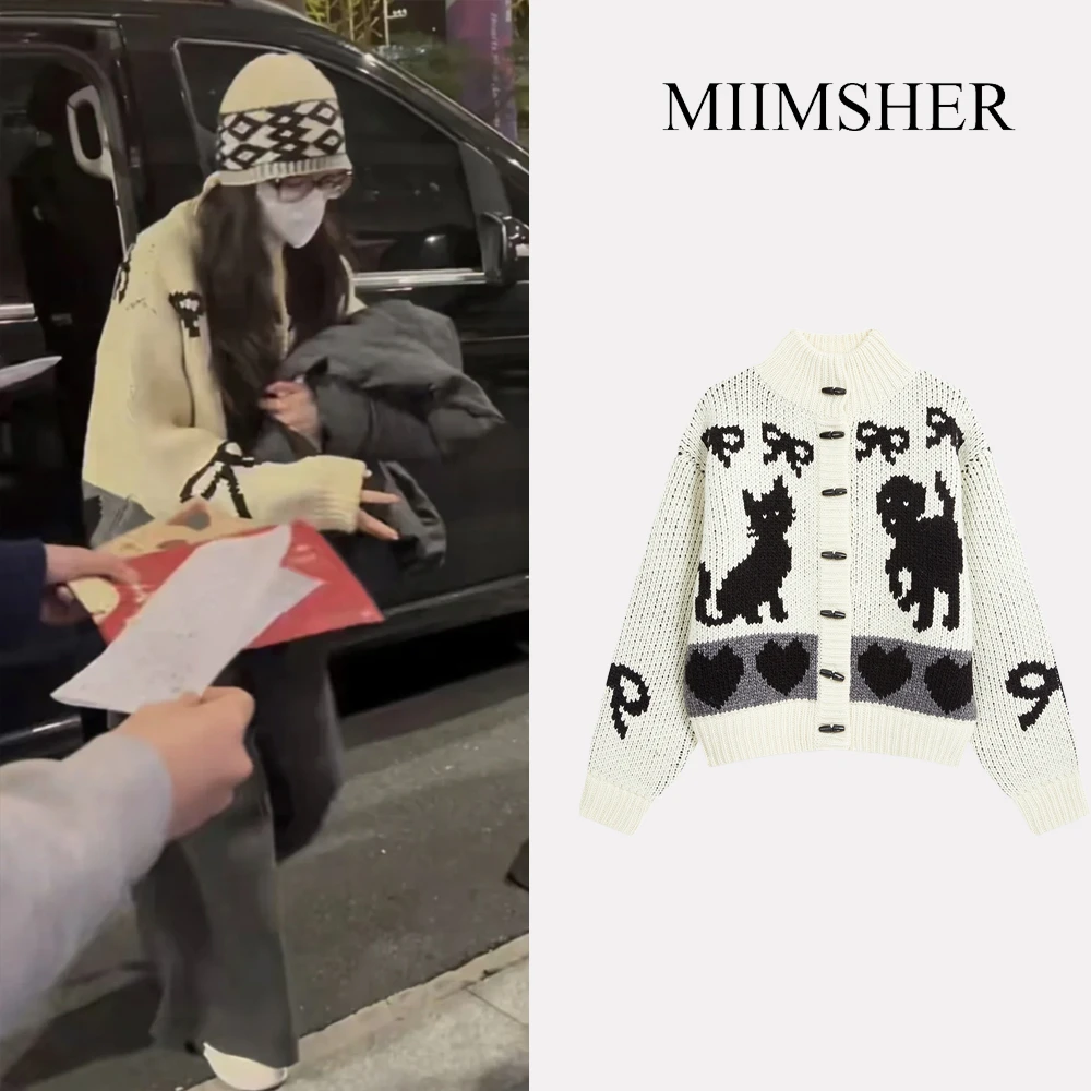 【热巴同款】蝴蝶结猫狗提花刺绣长袖针织开衫毛衣羊毛外套W6502